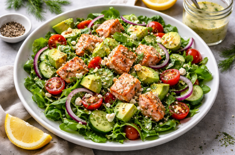 Avocado Salmon Salad with Fresh Lemon Dill Dressing