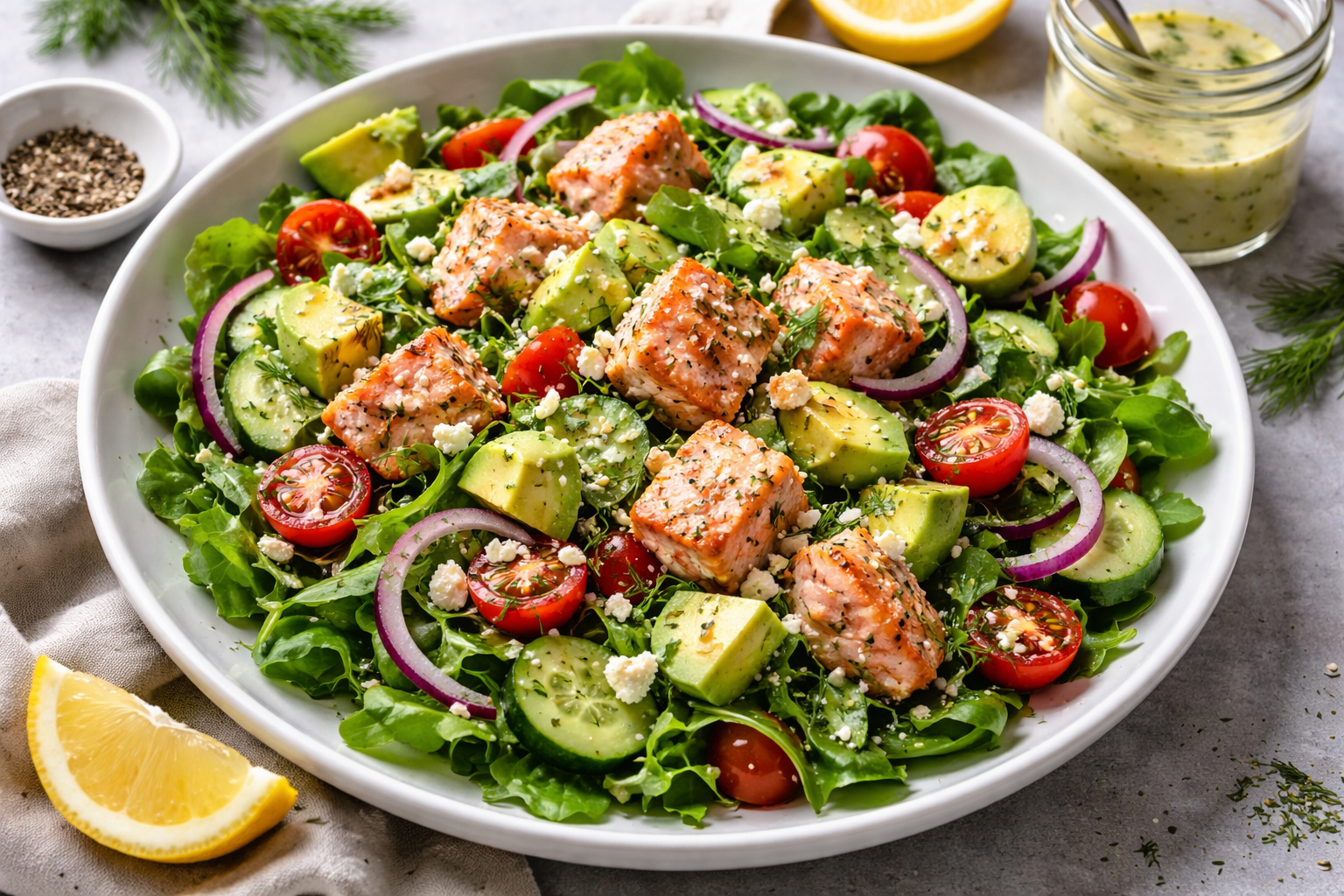 Avocado Salmon Salad with Fresh Lemon Dill Dressing