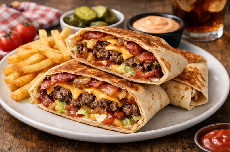 Cheeseburger Crunch Wrap with Bacon, Caramelized Onions & Special Sauce