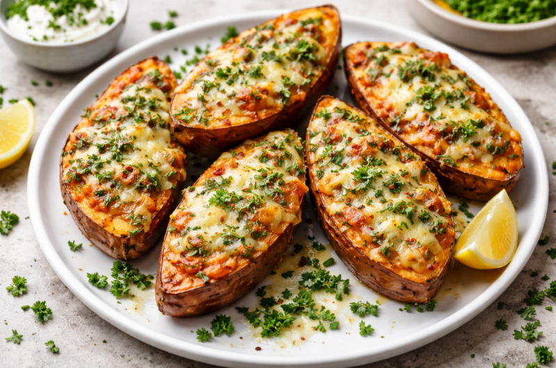 Cheesy Herb Baked Sweet Potatoes