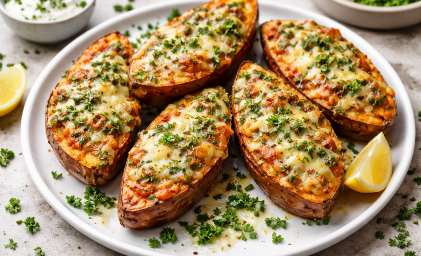 Cheesy Herb Baked Sweet Potatoes