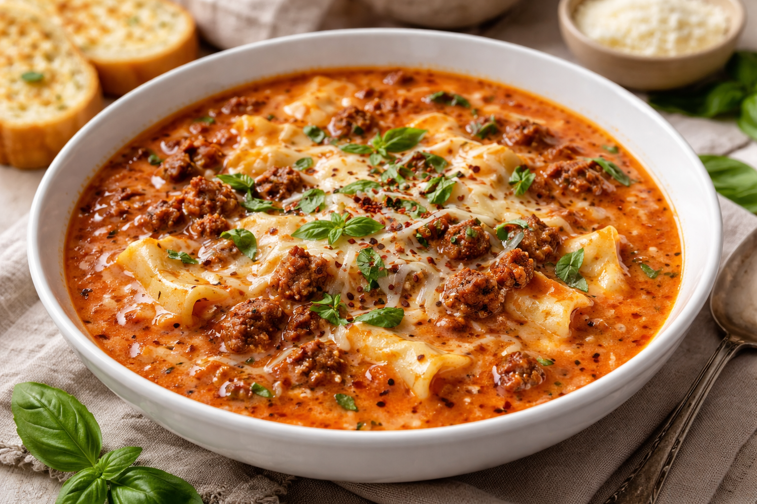Creamy Lasagna Soup with Italian Sausage and Ground Beef