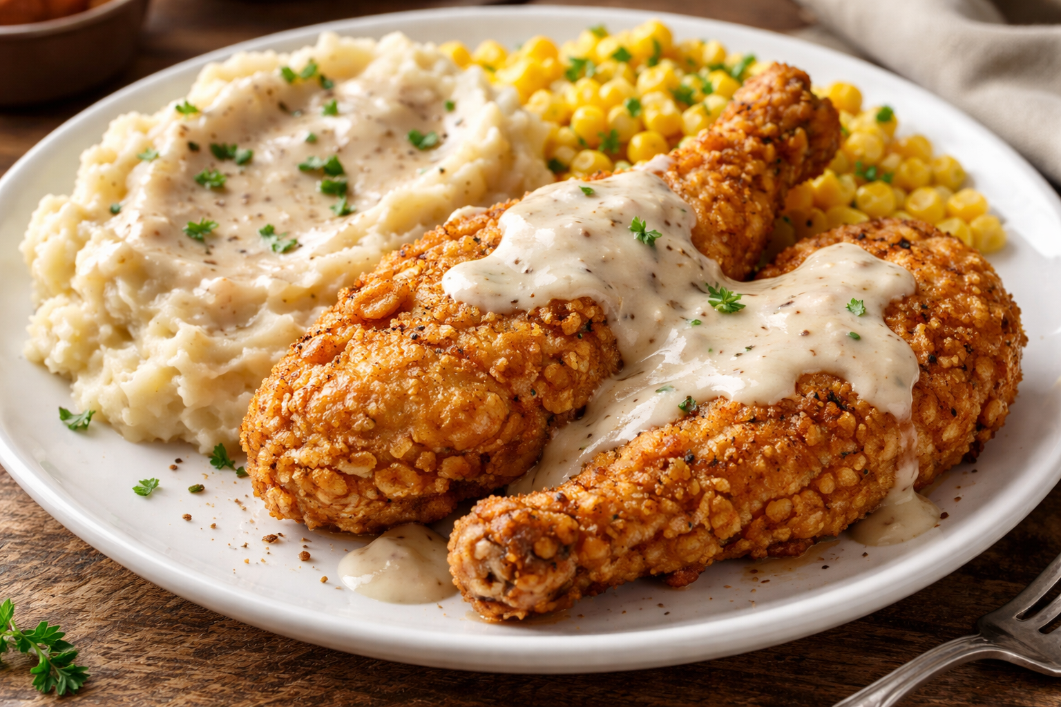 Crispy Buttermilk Fried Chicken with Creamy Gravy & Potatoes