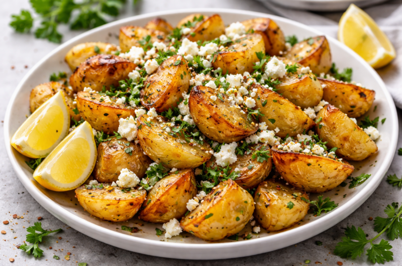 Crispy Greek Lemon Roast Potatoes with Feta and Parsley