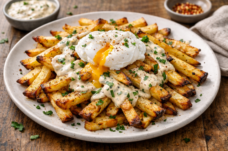 Crispy Oven-Baked Fries with Creamy Sauce & Poached Egg