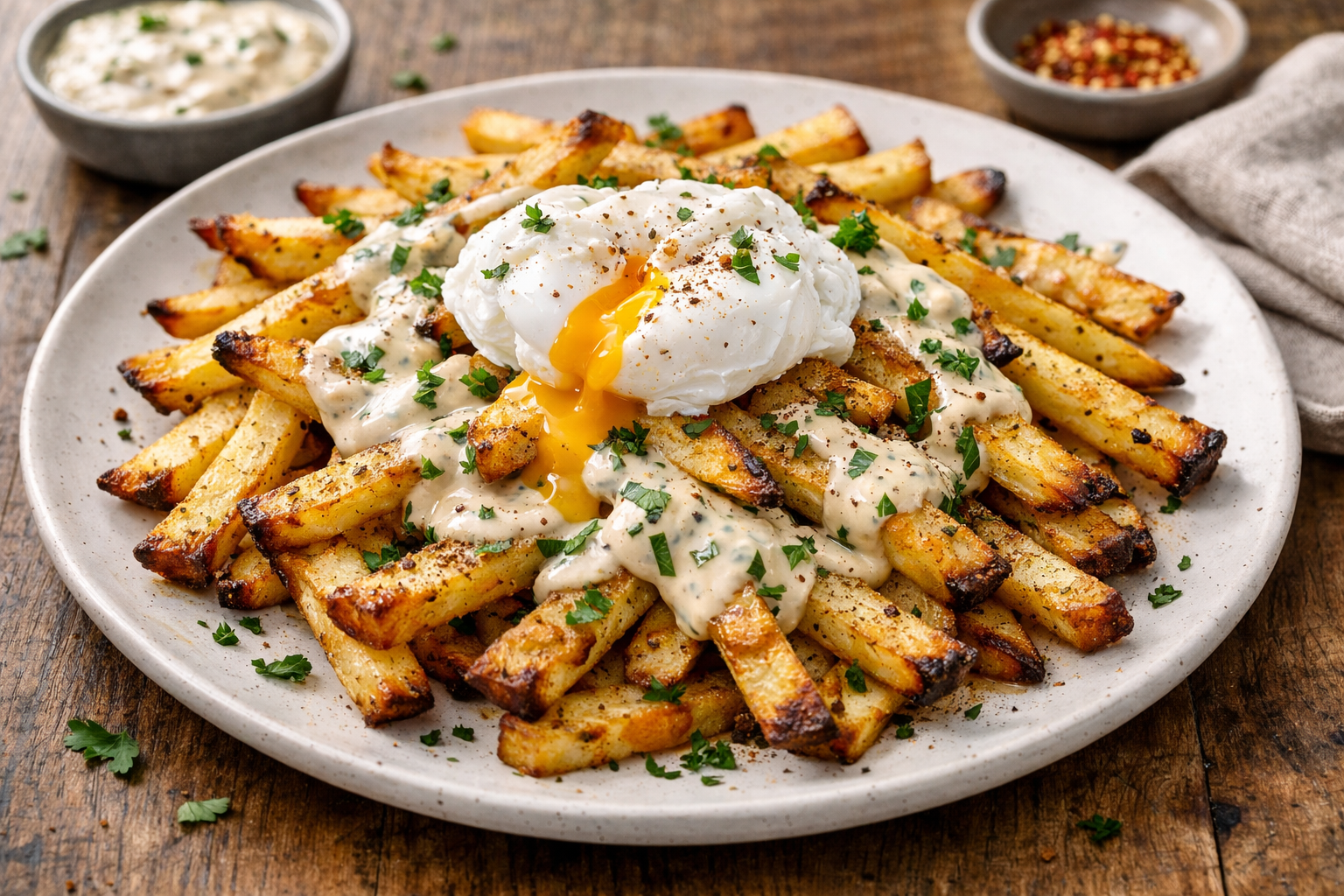 Crispy Oven-Baked Fries with Creamy Sauce & Poached Egg