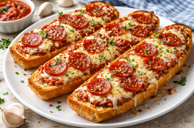 Easy French Bread Pizza with Garlic Butter, Pepperoni, and Cheese