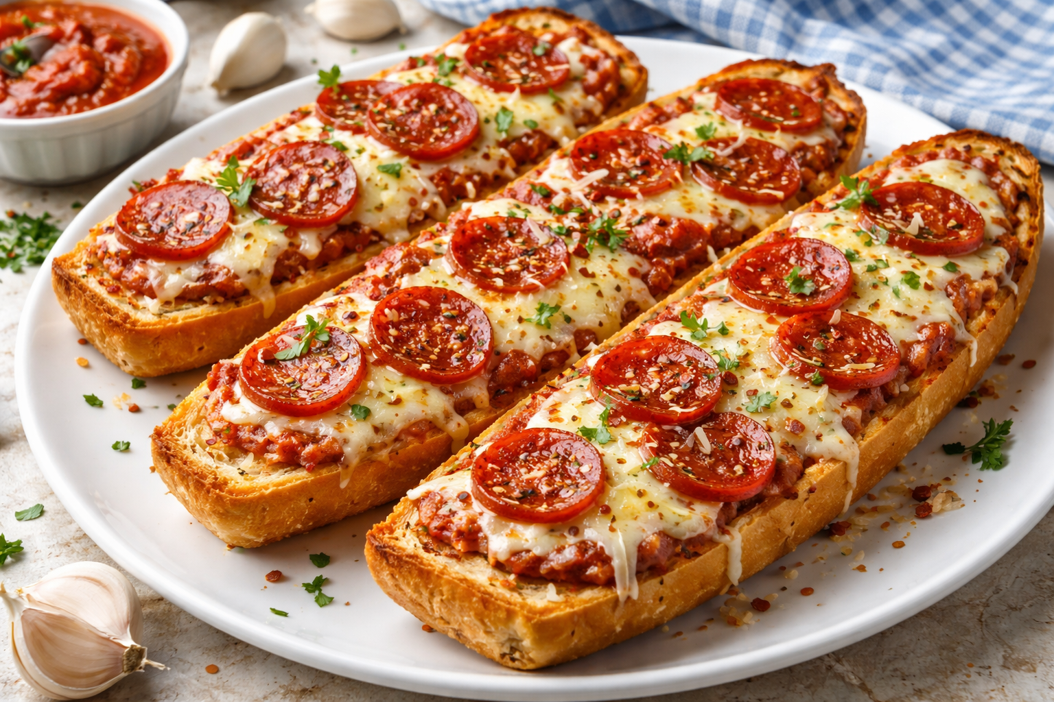Easy French Bread Pizza with Garlic Butter, Pepperoni, and Cheese