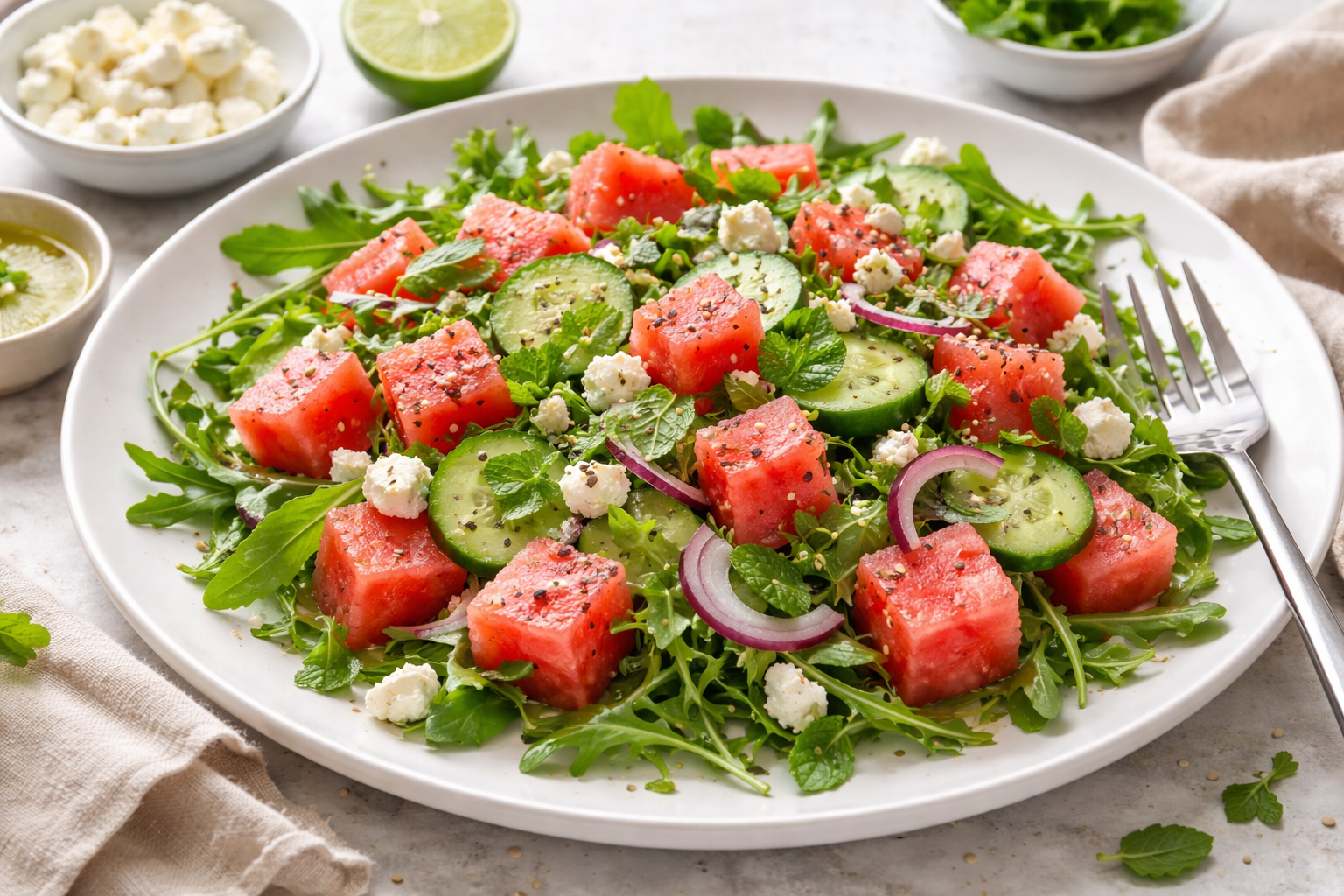 Fresh Watermelon Salad with Cucumber, Arugula, Feta, and Lime Dressing