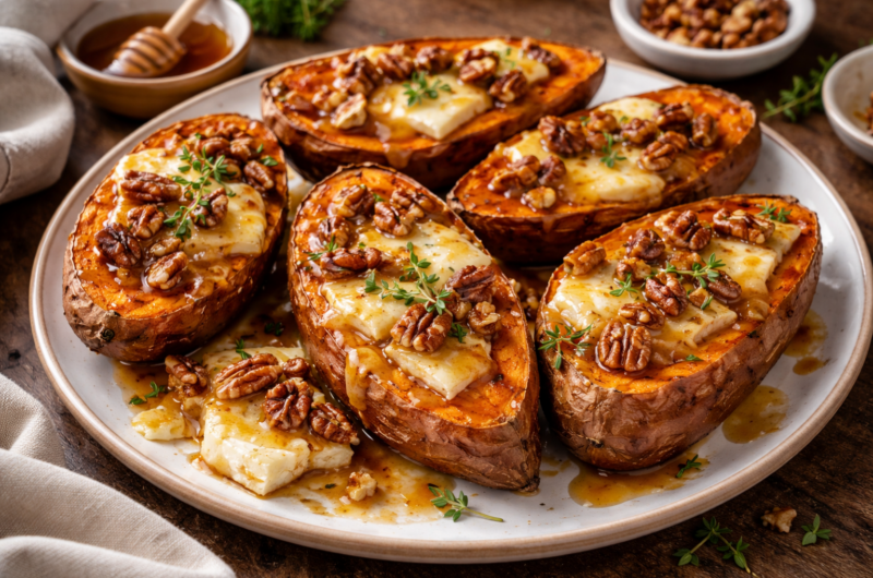 Maple Pecan and Brie Stuffed Sweet Potatoes with Cranberry Glaze