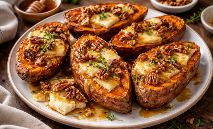 Maple Pecan and Brie Stuffed Sweet Potatoes with Cranberry Glaze