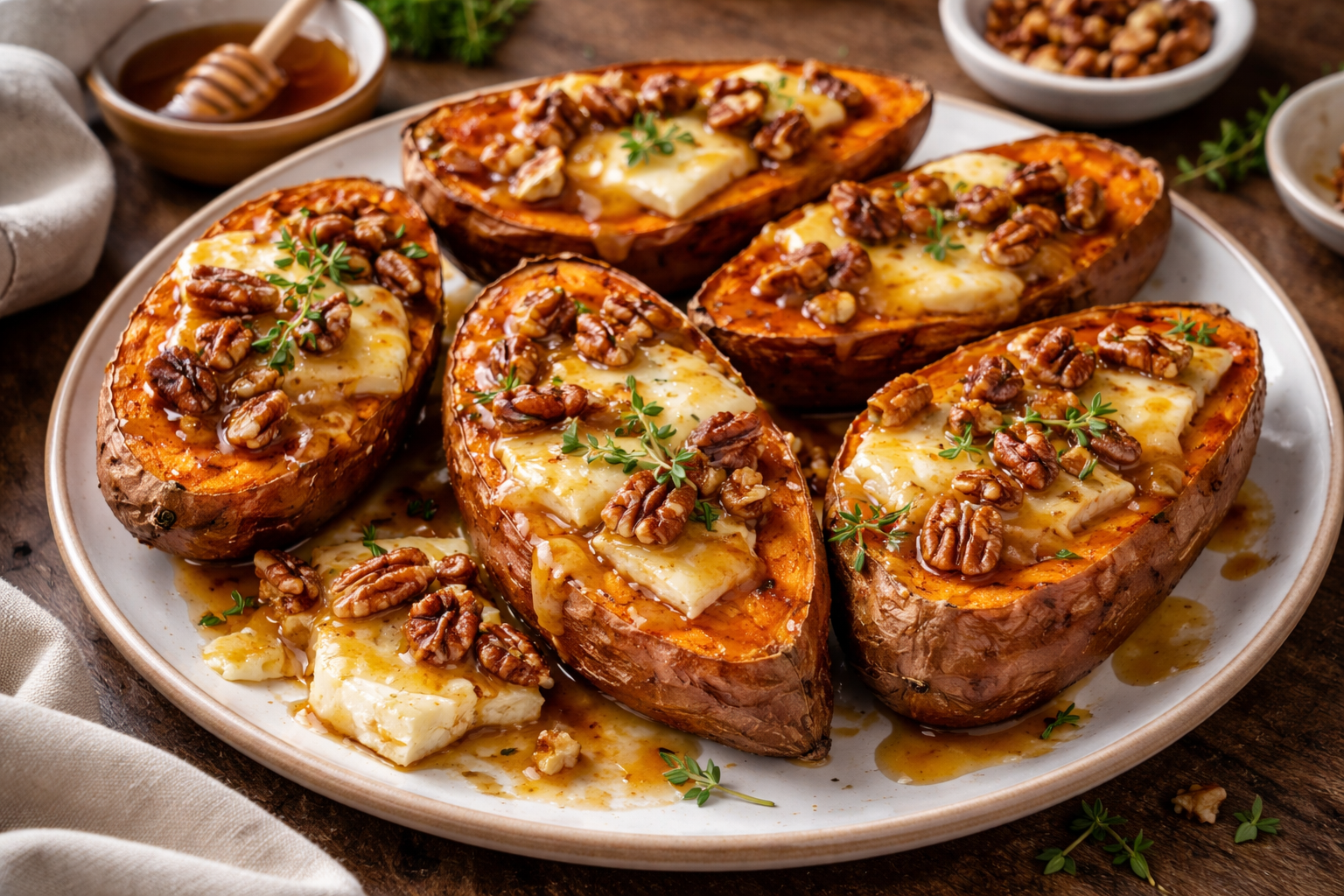 Maple Pecan and Brie Stuffed Sweet Potatoes with Cranberry Glaze