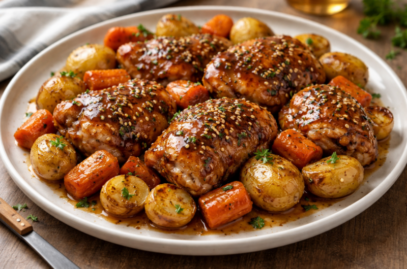 Sticky Honey-Glazed Chicken with Potatoes and Carrots
