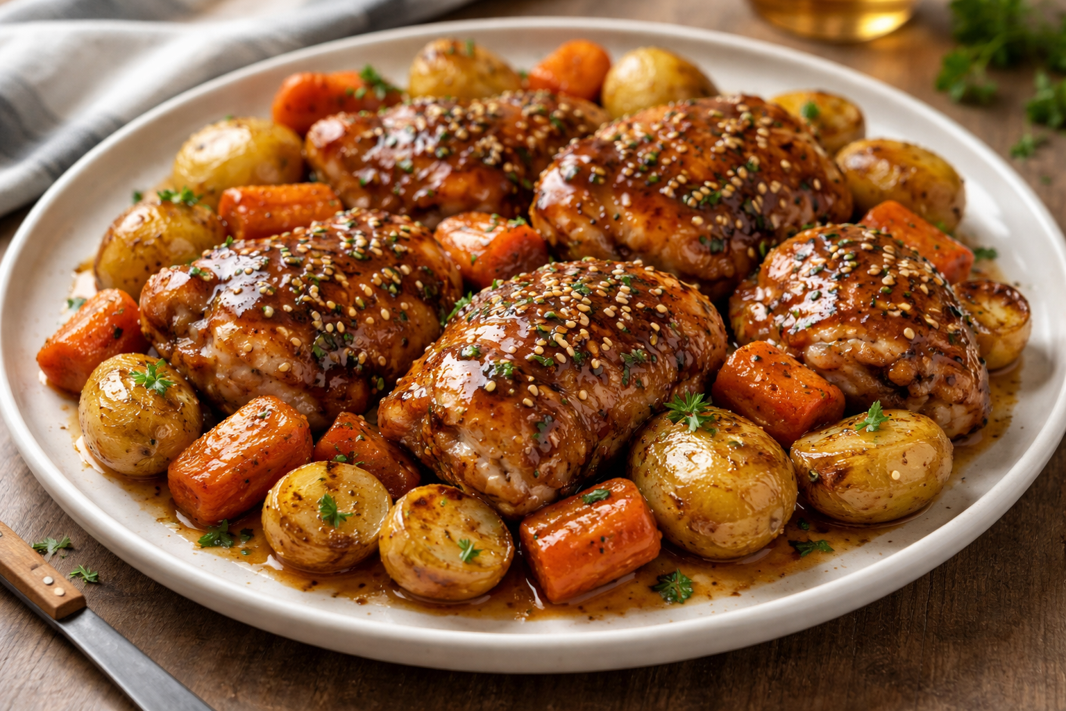 Sticky Honey-Glazed Chicken with Potatoes and Carrots