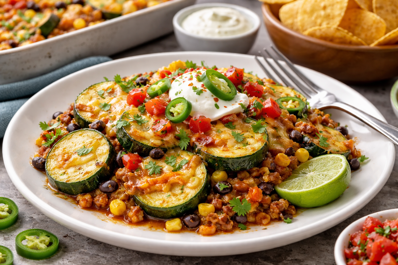 Tex-Mex Zucchini Bake with Beans, Corn, and Cheese