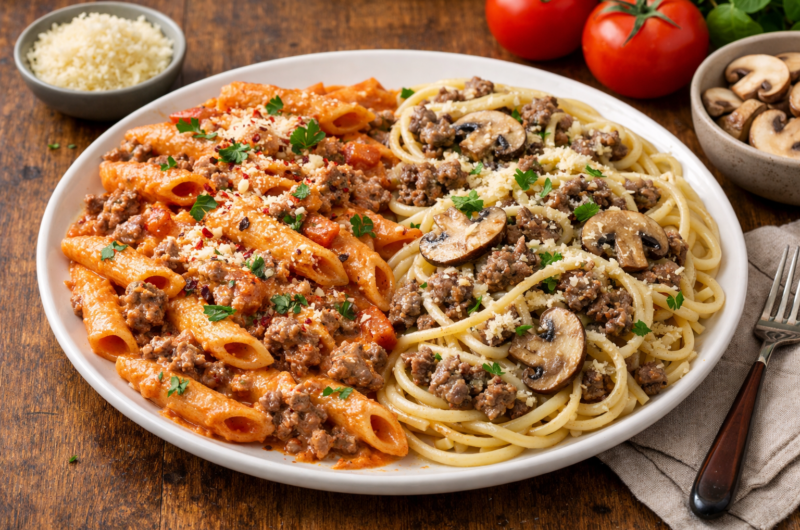 Two Easy Ground Beef Pasta Recipes (Creamy Tomato & Mushroom Parmesan)