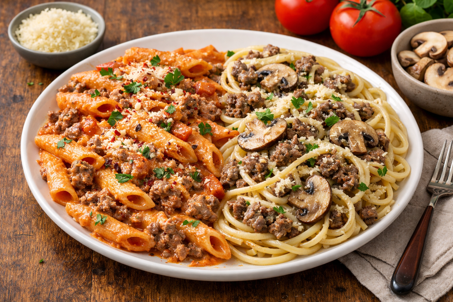 Two Easy Ground Beef Pasta Recipes (Creamy Tomato & Mushroom Parmesan)