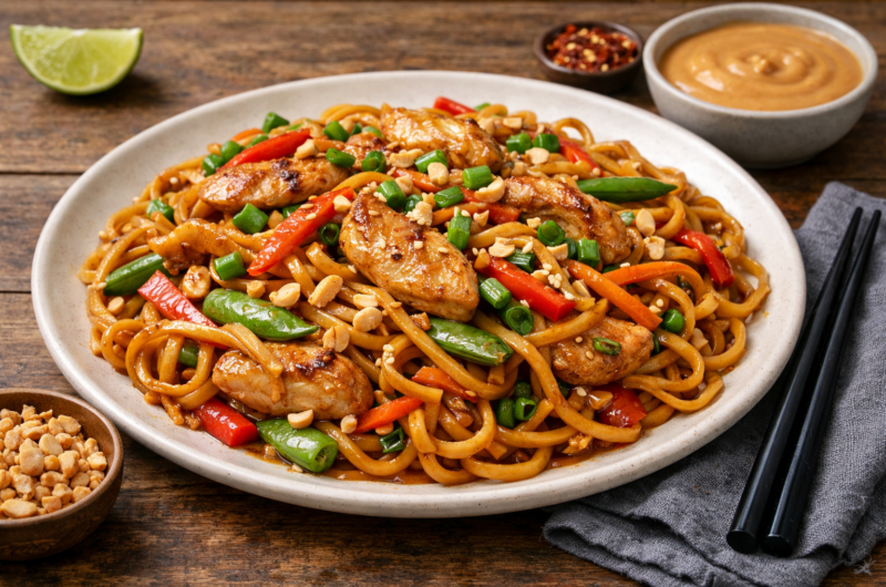 20-Minute Chicken Lo Mein with Savory Peanut-Infused Sauce