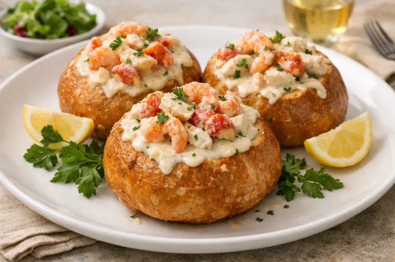Creamy Seafood Bread Bowls with Shrimp, Crab, and Lobster