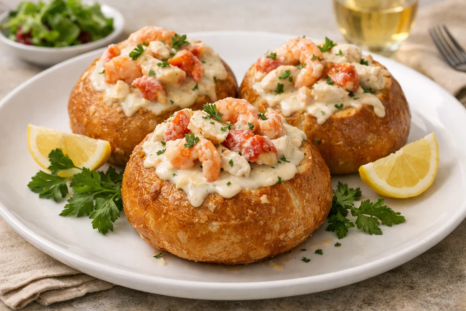 Creamy Seafood Bread Bowls with Shrimp, Crab, and Lobster