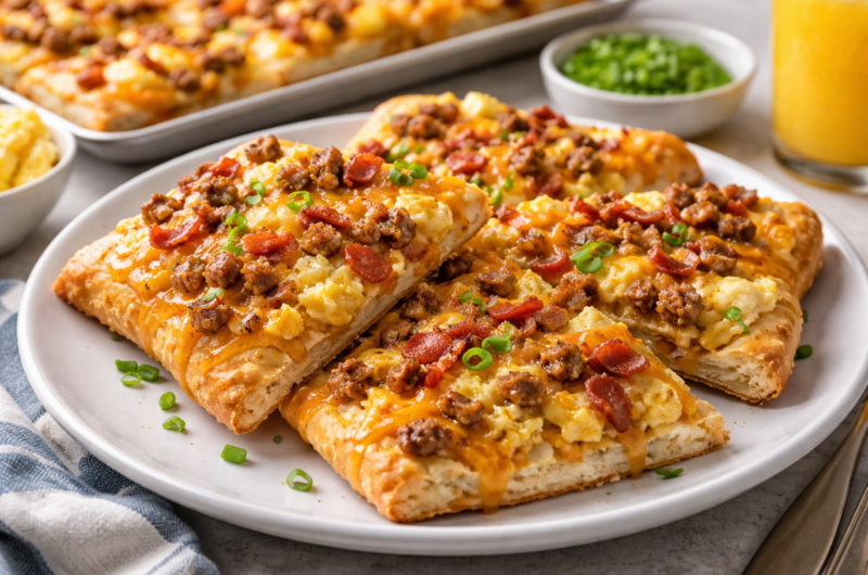 Crescent Roll Breakfast Pizza with Sausage, Bacon, and Eggs