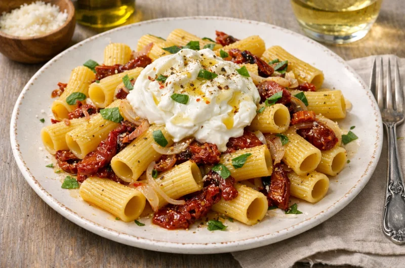 Rigatoni with Sun-Dried Tomatoes, Shallots, and Burrata
