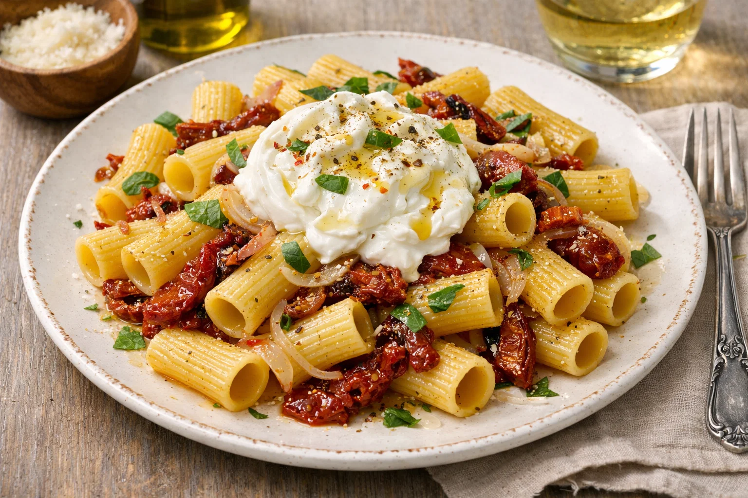 Rigatoni with Sun-Dried Tomatoes, Shallots, and Burrata