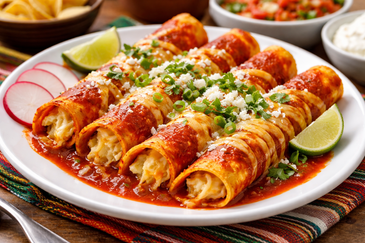 Rolled Red Chile Cheese Enchiladas with Corn Tortillas