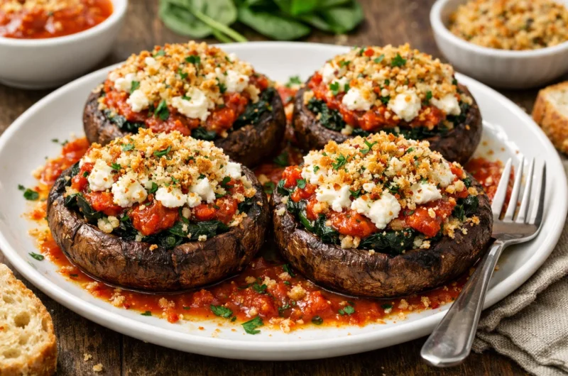 Stuffed Portobello Mushrooms with Spinach, Marinara, Goat Cheese, and Panko