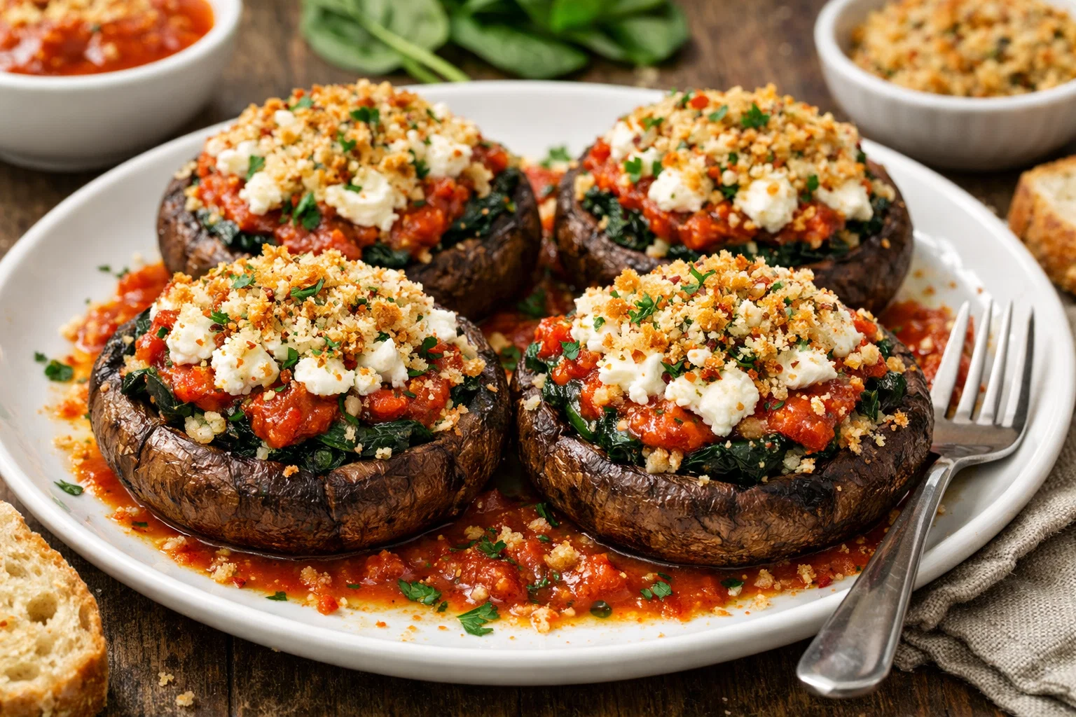 Stuffed Portobello Mushrooms with Spinach, Marinara, Goat Cheese, and Panko
