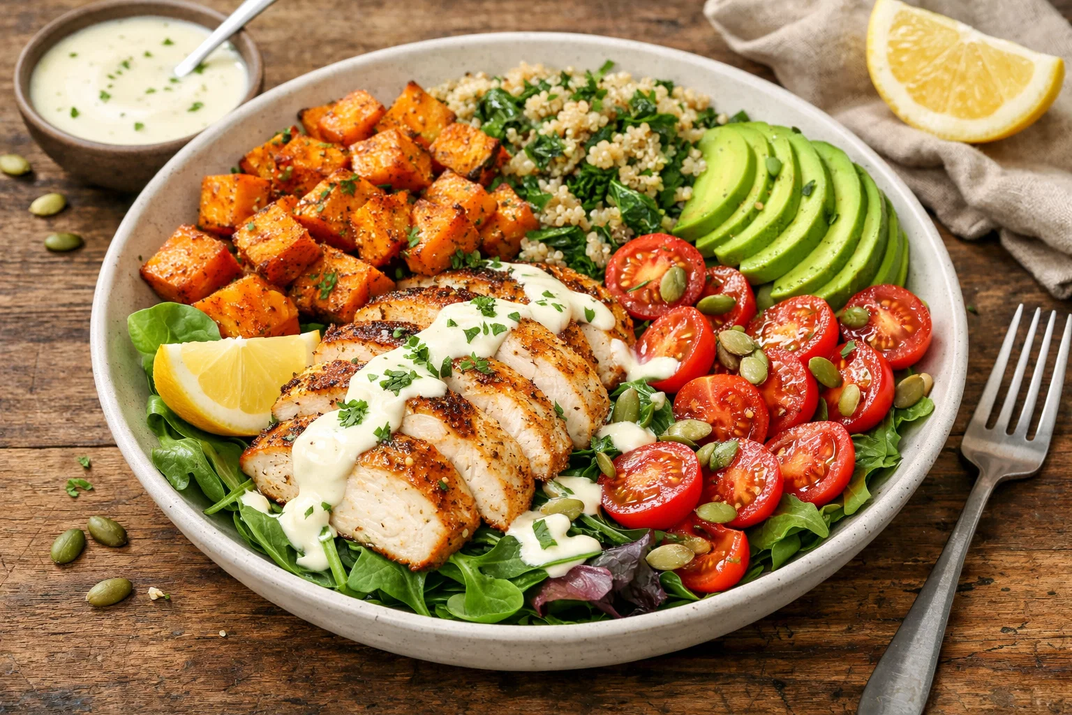 Sweet Potato Power Bowl with Grilled Chicken and Creamy Garlic Sauce