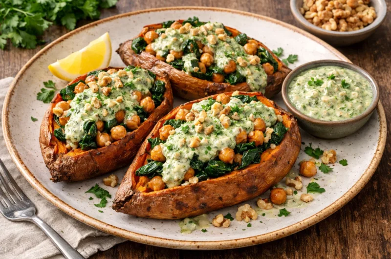 Baked Sweet Potatoes Stuffed with Chickpeas and Spinach with Creamy Walnut Herb Sauce