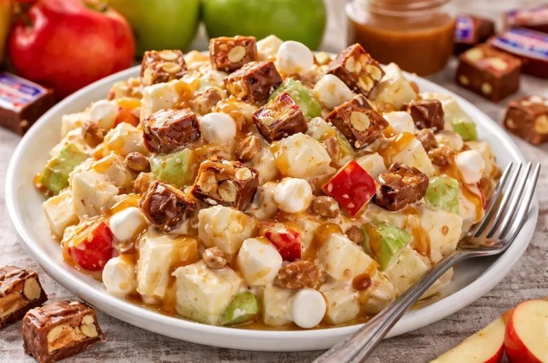 Creamy Caramel Apple Salad with Snickers and Vanilla Pudding