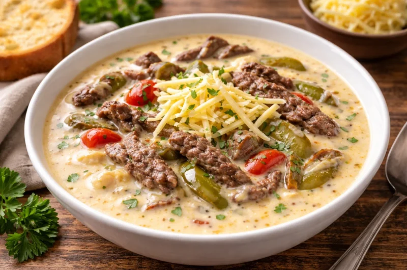 Creamy Philly Cheesesteak Soup with Beef, Peppers, and Smoked Gouda