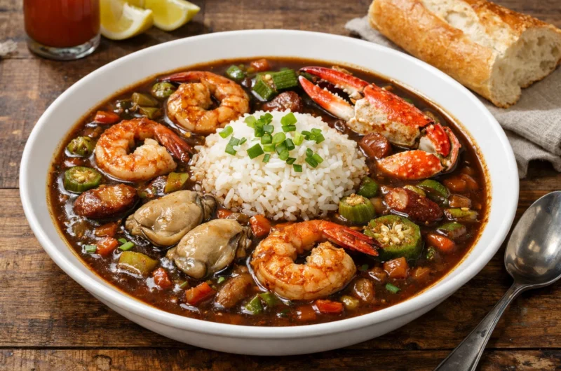 Creole Seafood Gumbo with Dark Roux, Okra, Prawns, Crab, and Oysters