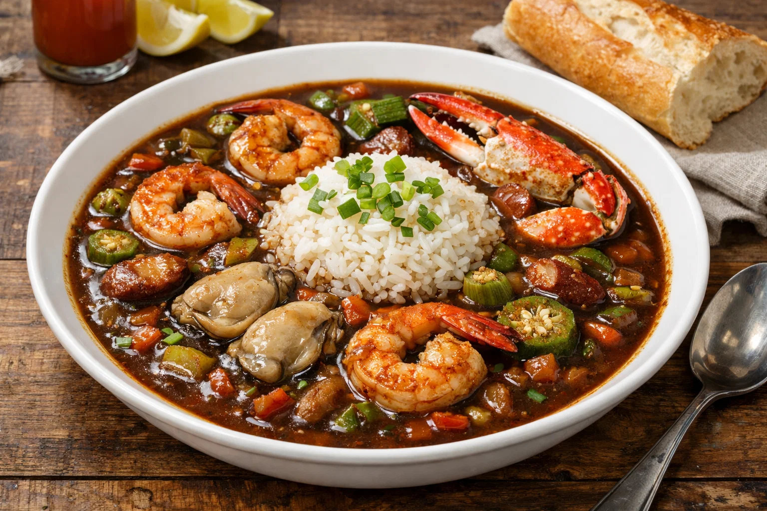 Creole Seafood Gumbo with Dark Roux, Okra, Prawns, Crab, and Oysters