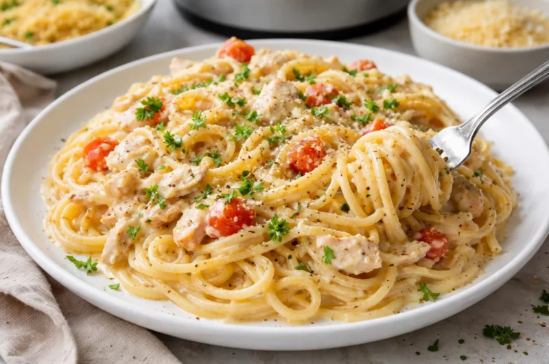 Easy Crock-Pot Chicken Spaghetti with Creamy Cheese Sauce