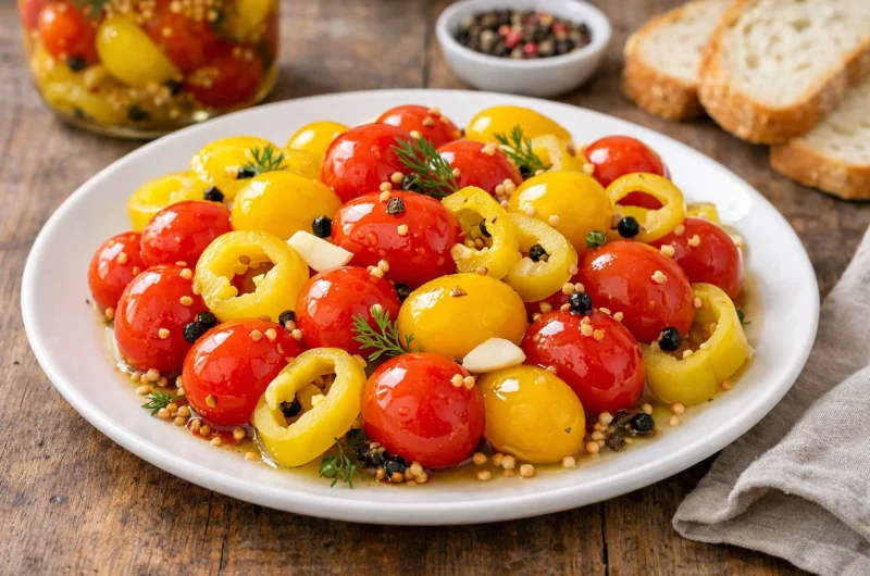 Easy Refrigerator Pickled Cherry Tomatoes with Banana Peppers