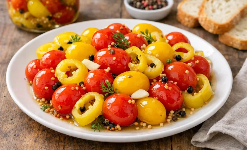 Easy Refrigerator Pickled Cherry Tomatoes with Banana Peppers