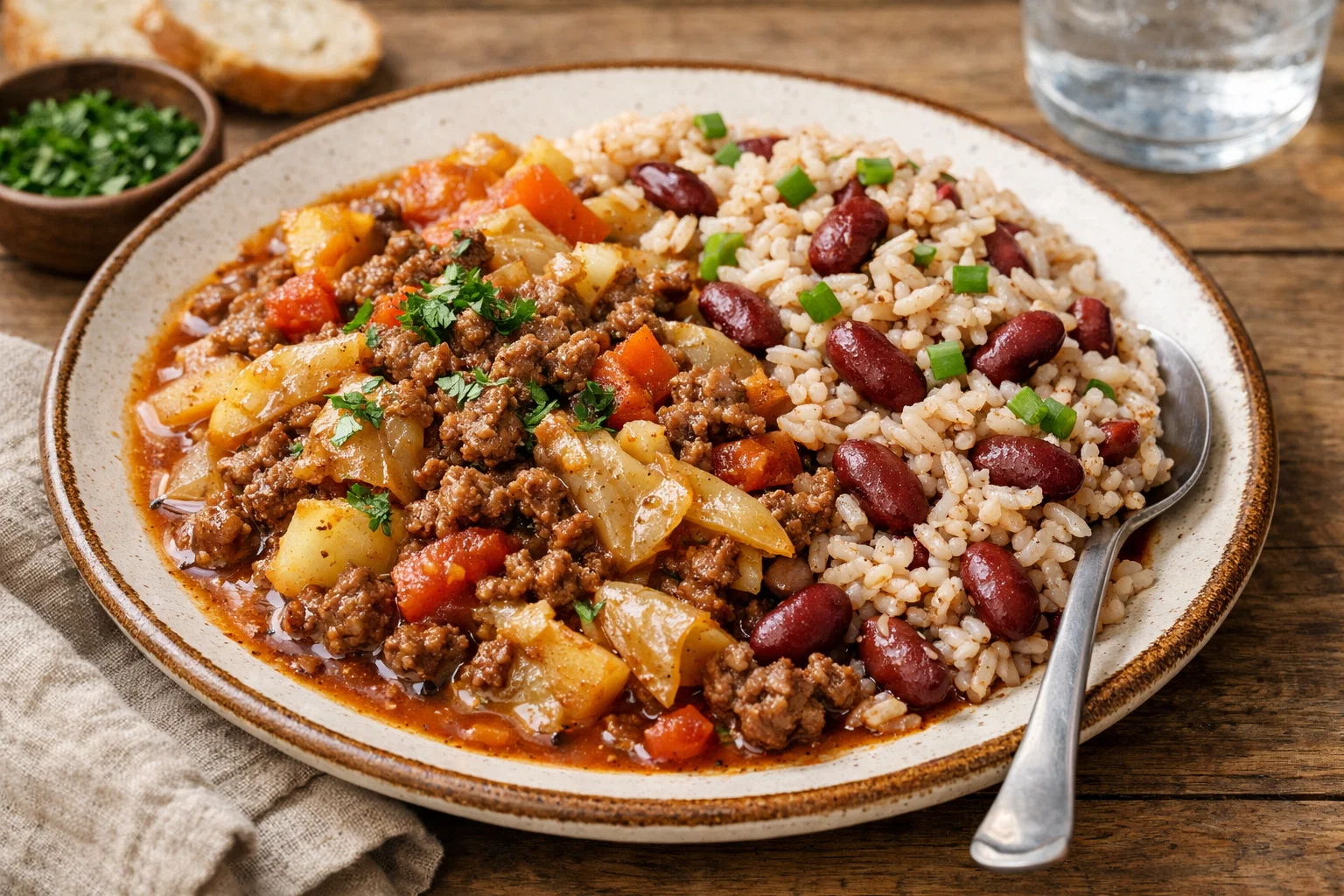 Hearty Ground Beef Cabbage Stew with Rice and Red Beans