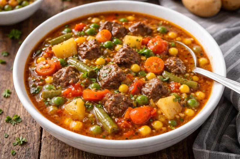 Hearty Homemade Vegetable Beef Soup with Potatoes, Green Beans, Corn & Peas
