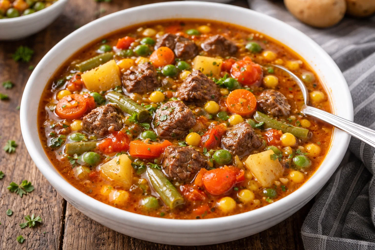 Hearty Homemade Vegetable Beef Soup with Potatoes, Green Beans, Corn & Peas