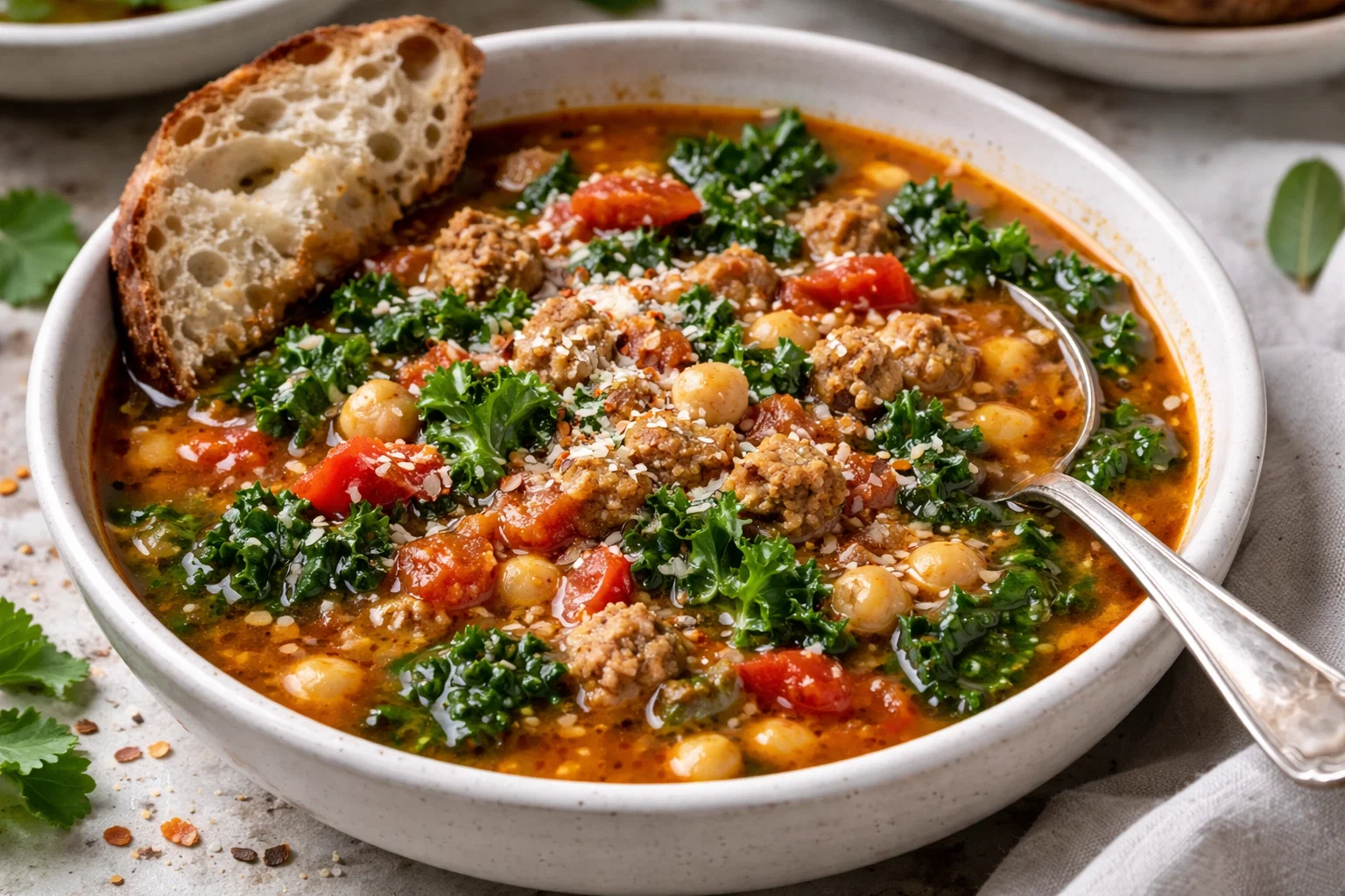Hearty Spicy Italian Sausage Soup with Chickpeas and Kale