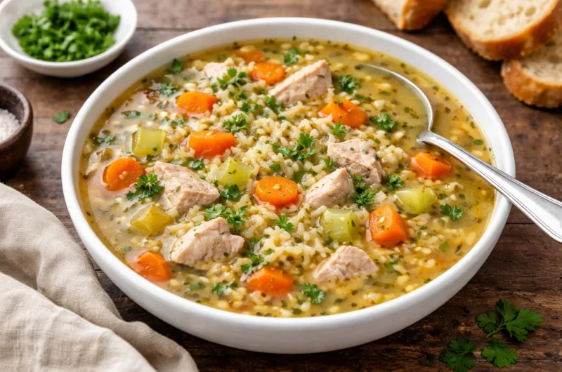 Hearty Turkey and Rice Soup with Homemade Chicken Stock