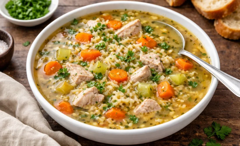 Hearty Turkey and Rice Soup with Homemade Chicken Stock