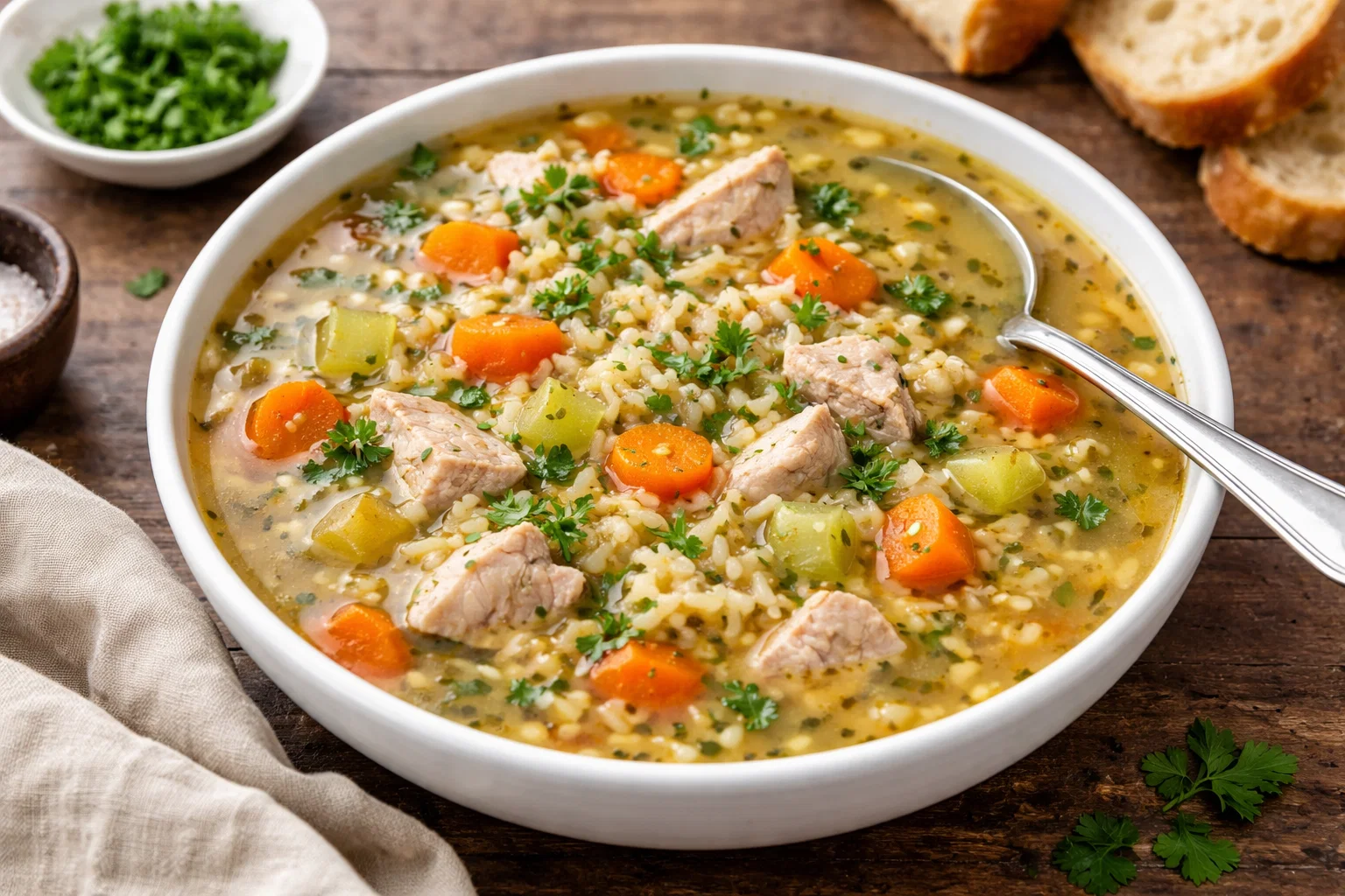 Hearty Turkey and Rice Soup with Homemade Chicken Stock