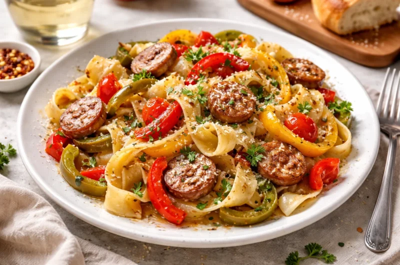 Italian Style Drunken Noodles with Sausage, Peppers, and White Wine
