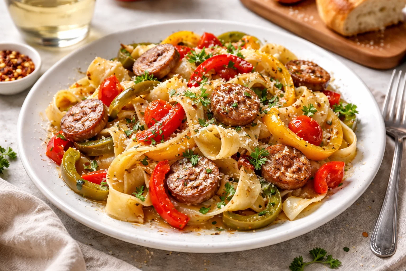 Italian Style Drunken Noodles with Sausage, Peppers, and White Wine