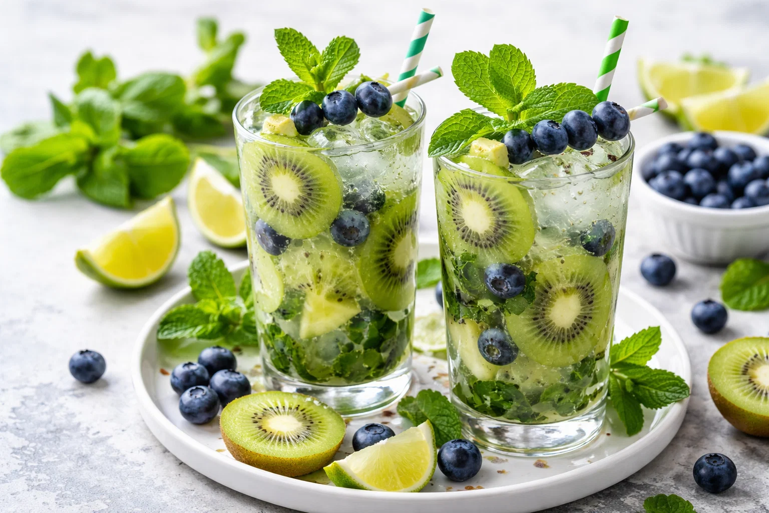 Kiwi Blueberry Mojito with Fresh Mint and Sparkling Water