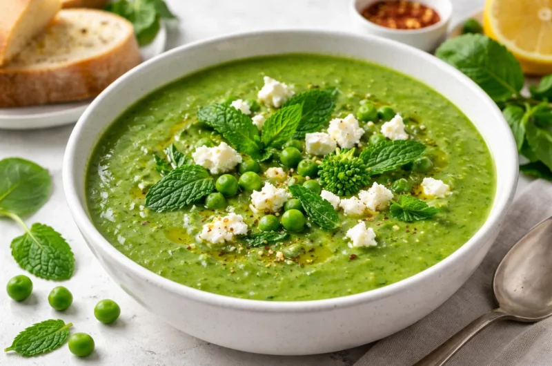 Super Green Pea, Spinach & Broccoli Soup with Mint and Feta